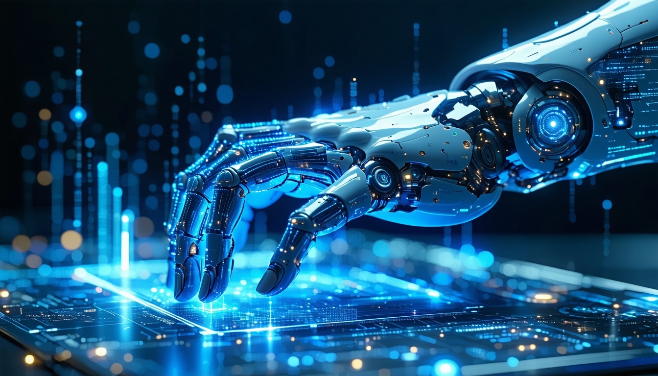 Artificial intelligence hand working to support businesses it has to use blue and light blue tones