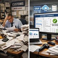 limmagine deve rappresentare la gestione doganale mi immagino quindi un ufficio caotico pieno di fogli bolle ricevute ecc vs un computer che invece re-4